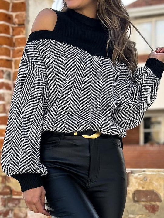 Elegant Off-shoulder Striped Knitted Sweater