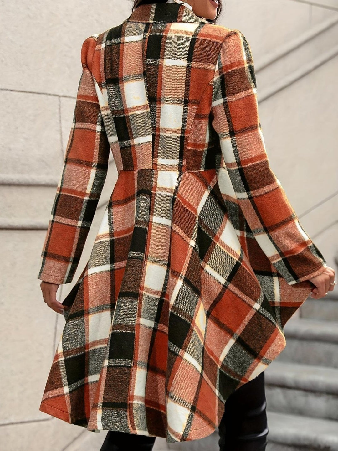 Stylish Plaid Pattern Short-Front Long-Back Woolen Jacket