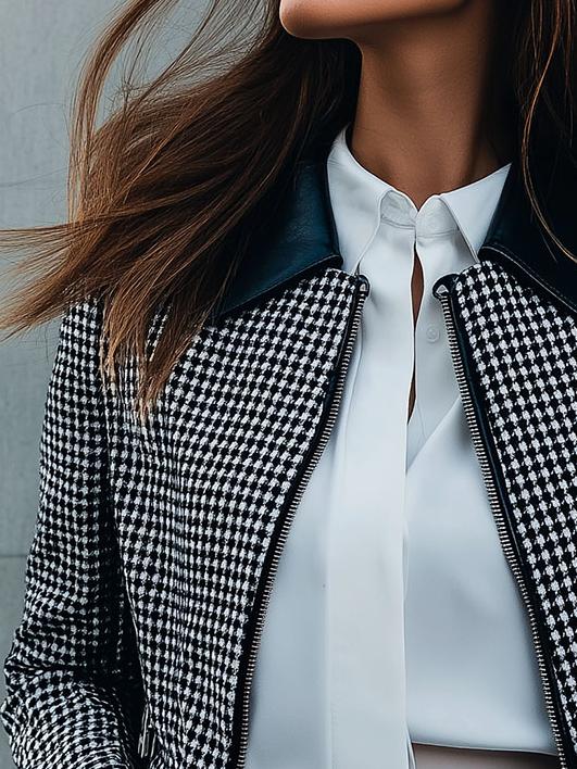 Stylish Leather Trim Houndstooth Pattern Zipper Jacket