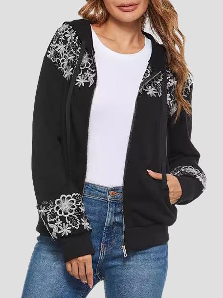 Chic Floral Embroidered Zipper Hooded Jacket