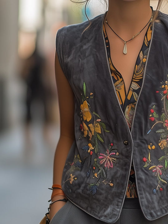 Garden Bloom Embroidered Suede Vest