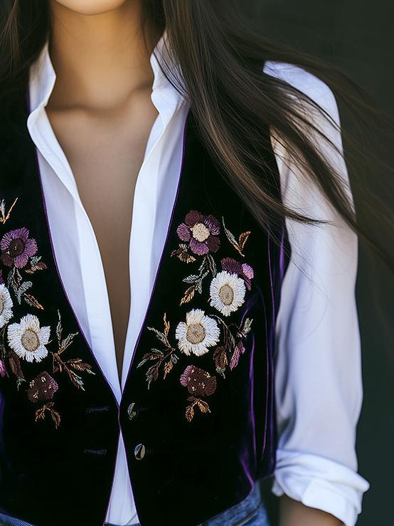 Retro V-neck Button Down Floral Embroidery Suede Vest