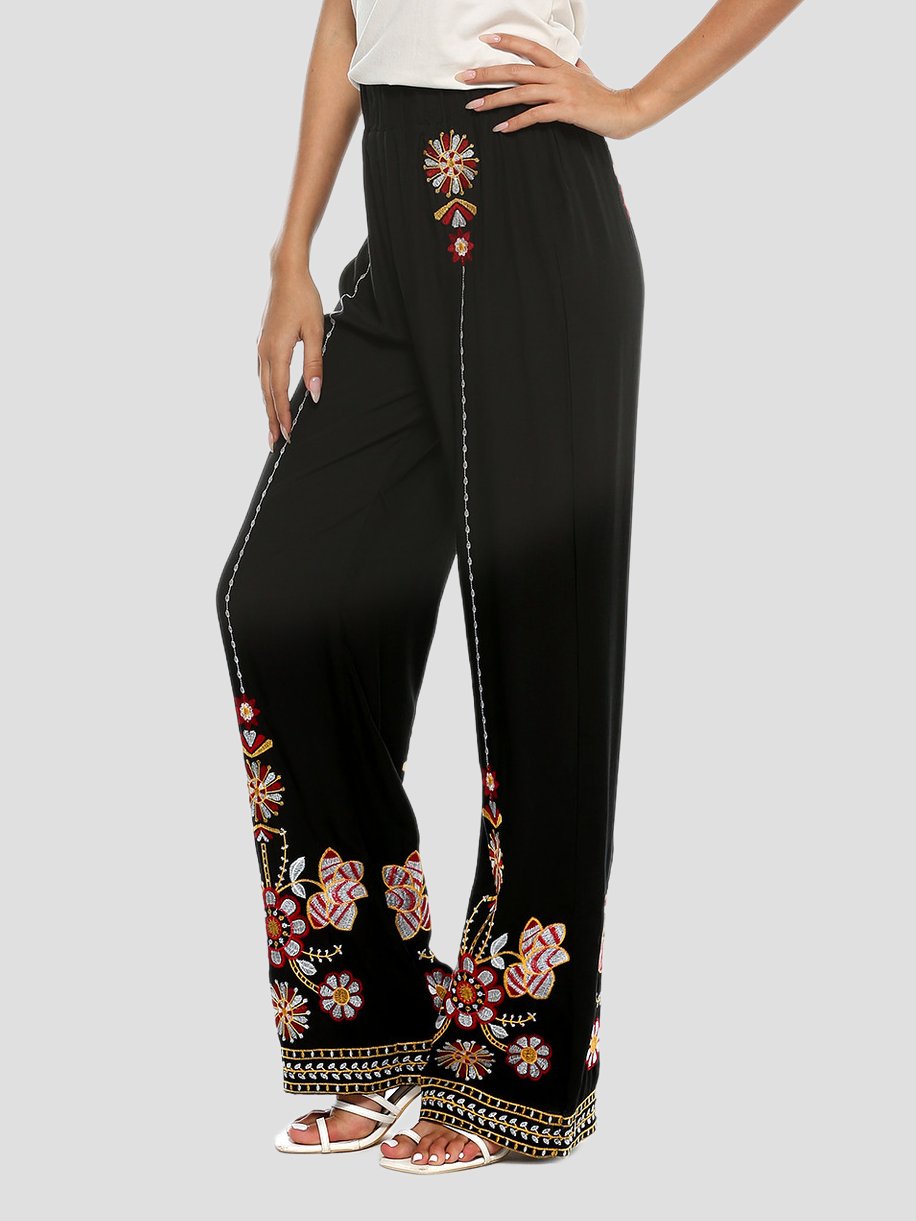 Elegant Embroidered Elastic Waist Loose Fit Straight-leg Pants