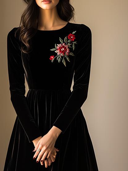 Elegant Round Neck Floral Embroidery Velvet Dress