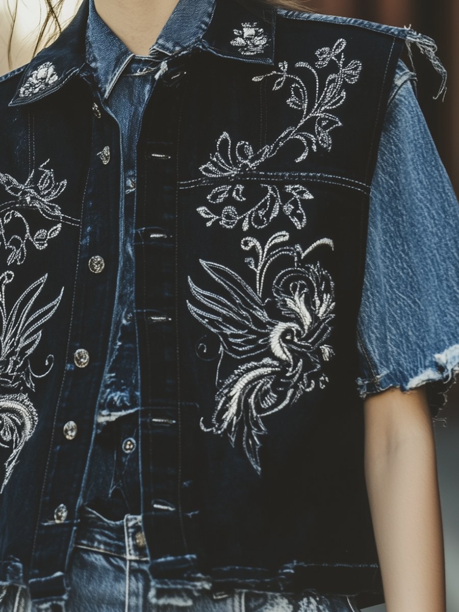 Celestial Embroidered Denim Vest