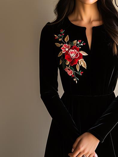 Elegant V-neck Simple Embroidery Velvet Midi Dress