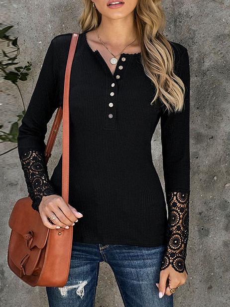 Chic Lace Patchwork Long Sleeve Slim Henley T-shirt