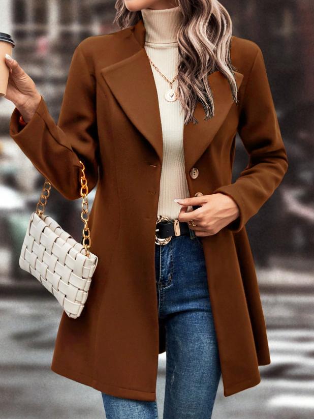 Chic Suit Collar Solid Color Woolen Coat