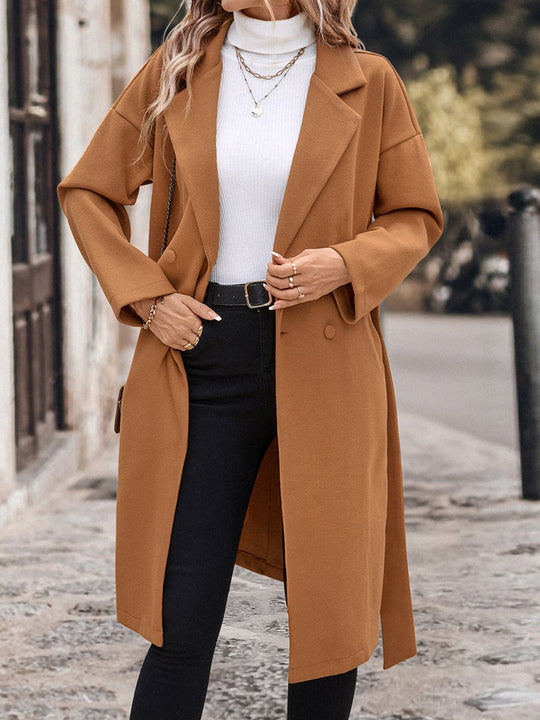 Elegant Belted Waist Mid-length Woolen Coat