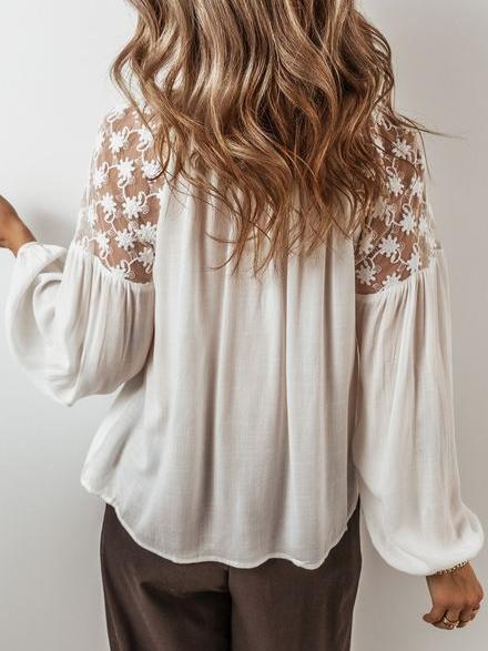 Elegant Sheer Lace Patchwork Loose Chiffon Blouse