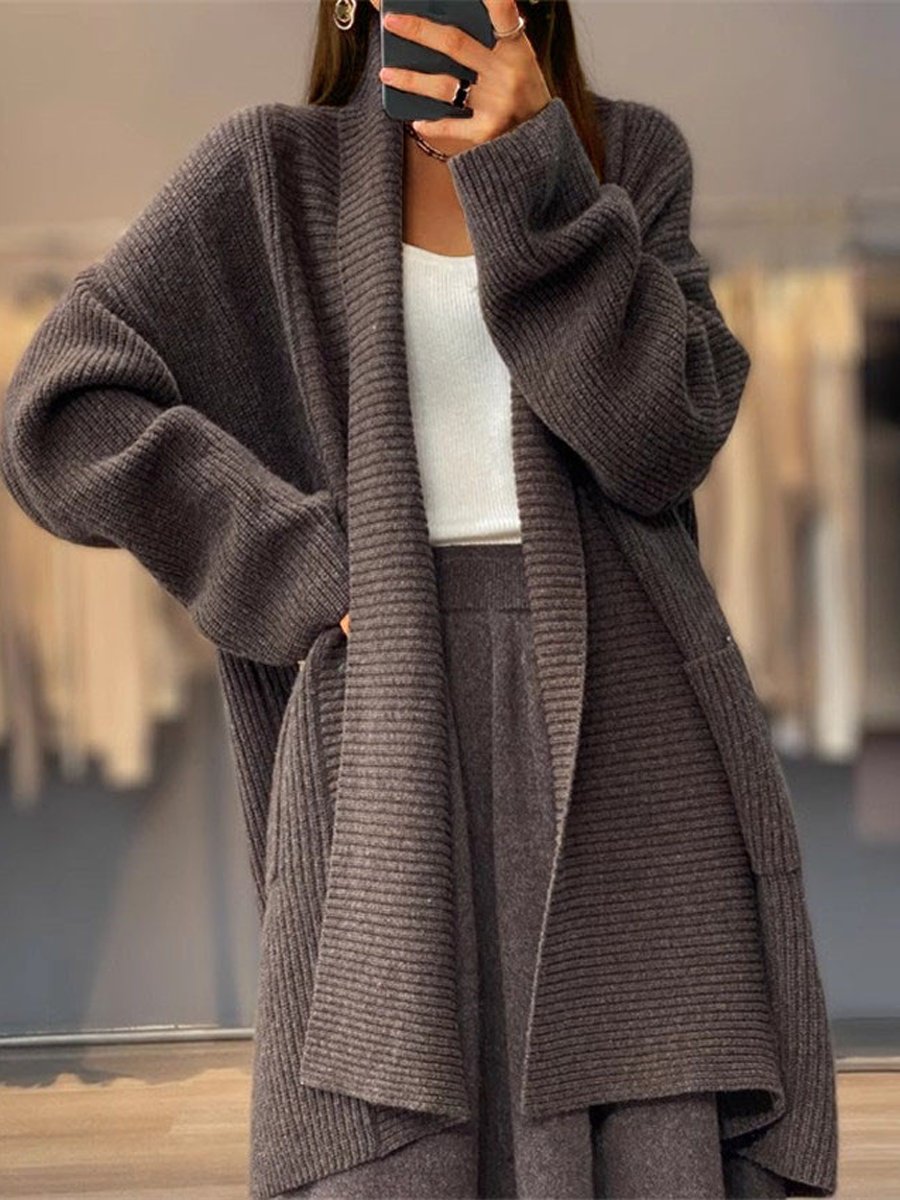 Mid-Length Pocket Solid Color Knitted Cardigan