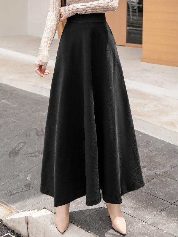 Elegant Elastic Waist Solid Color Wool Blend Long Skirt