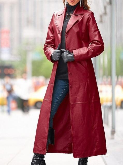 Suit Collar Solid Color Mid-length Leather Trench Coat