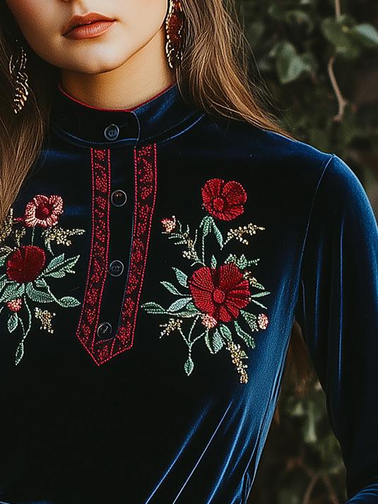 Stylish Stand Collar Embroidery Velvet Henley Shirt