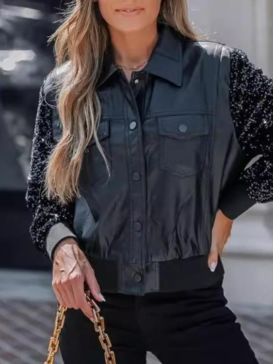 Chic Sequins Patchwork Sleeves Leather Motorcycle Jacket