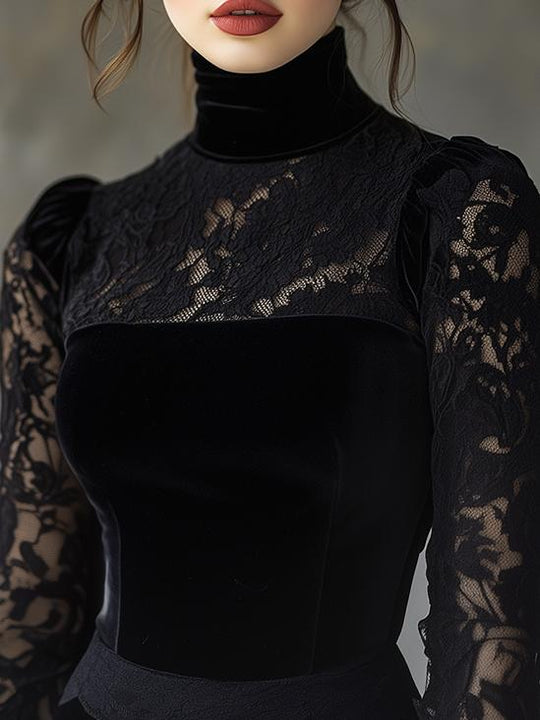 Elegant Turtleneck Lace Patchwork Long Sleeve Velvet Top