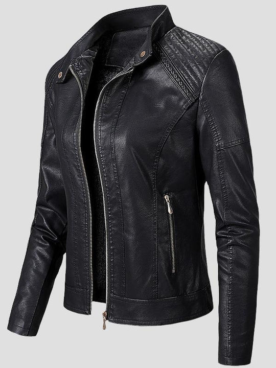 Women Warm Lined Stand Collar Leather Biker Jacket