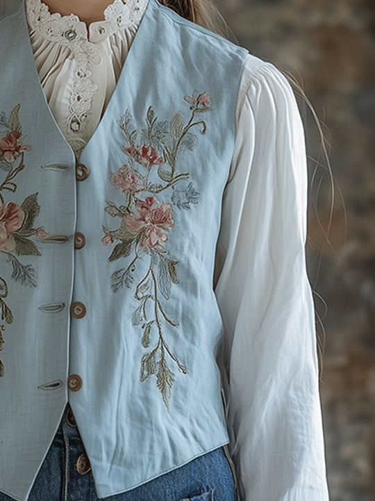 Romantic Charm Pastel Blue Embroidered Floral Vest