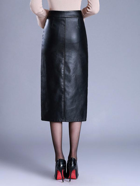 Chic Side Slit Knee-length PU Leather Pencil Skirt