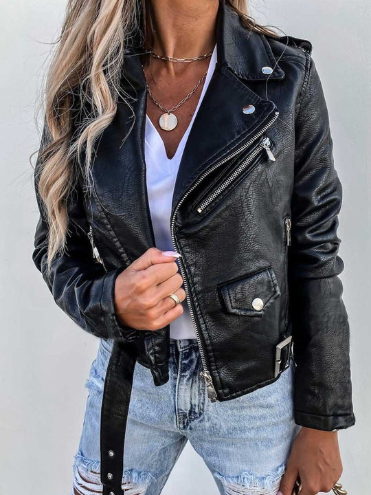 Women's Short Zipper PU Leather Jacket