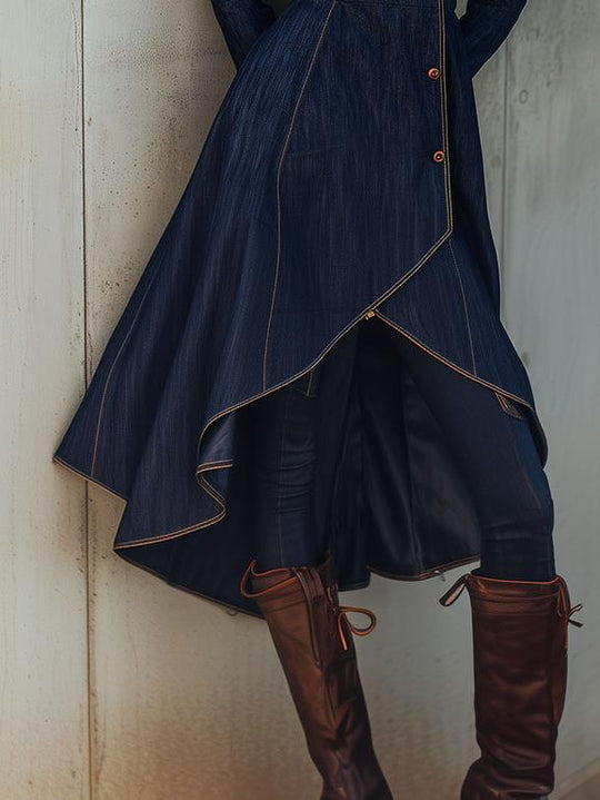 Elegant Shawl Collar Asymmetrical Hem Denim Dress