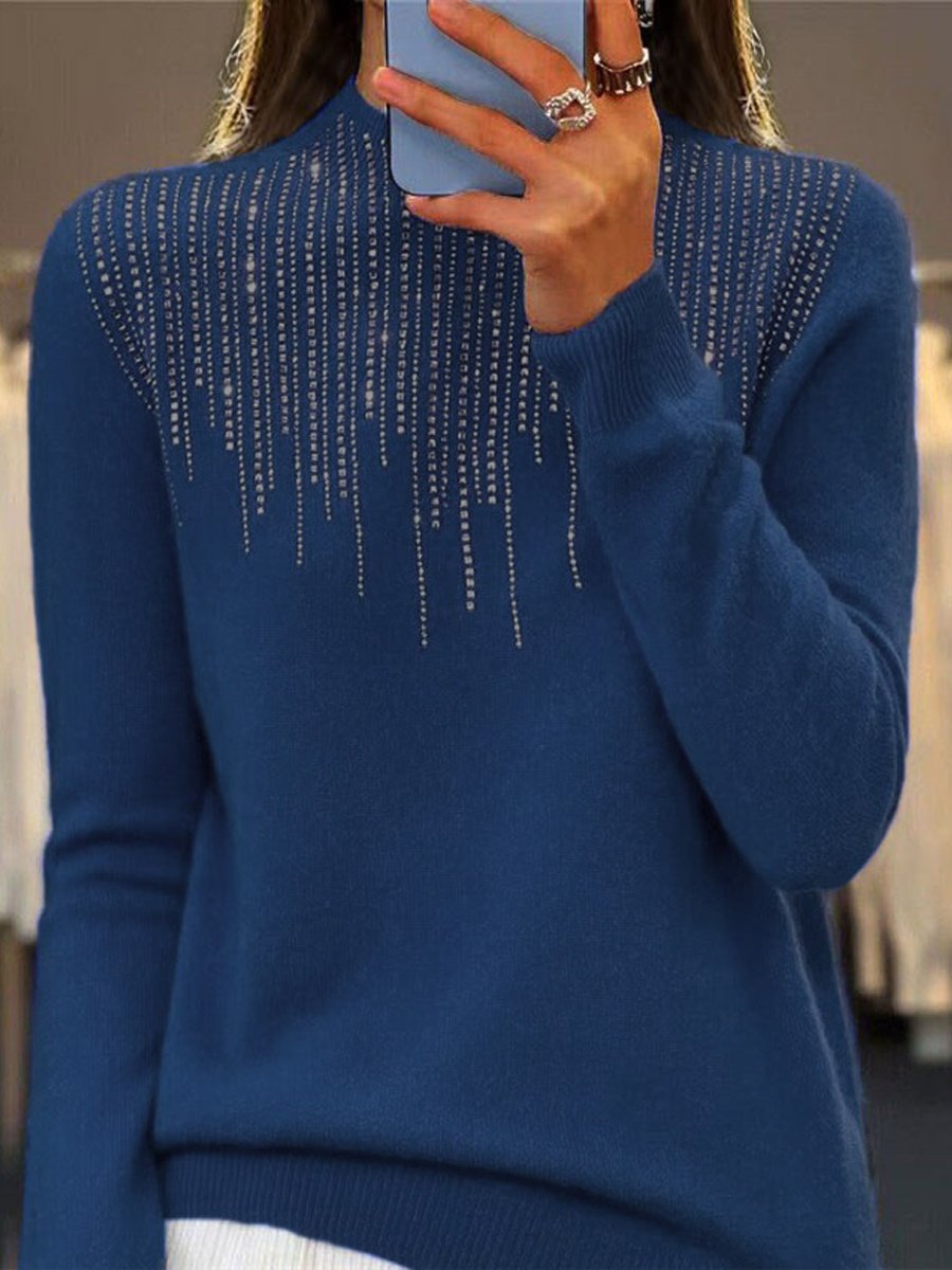 Diamond-Embellished Half-Mocked Knitted Sweater