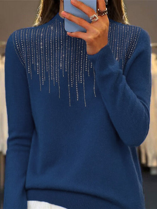 Diamond-Embellished Half-Mocked Knitted Sweater