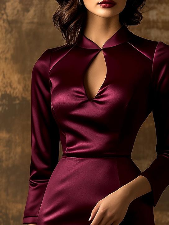 Elegant Three-quarter Sleeves Side Slit Satin Bodycon Dress