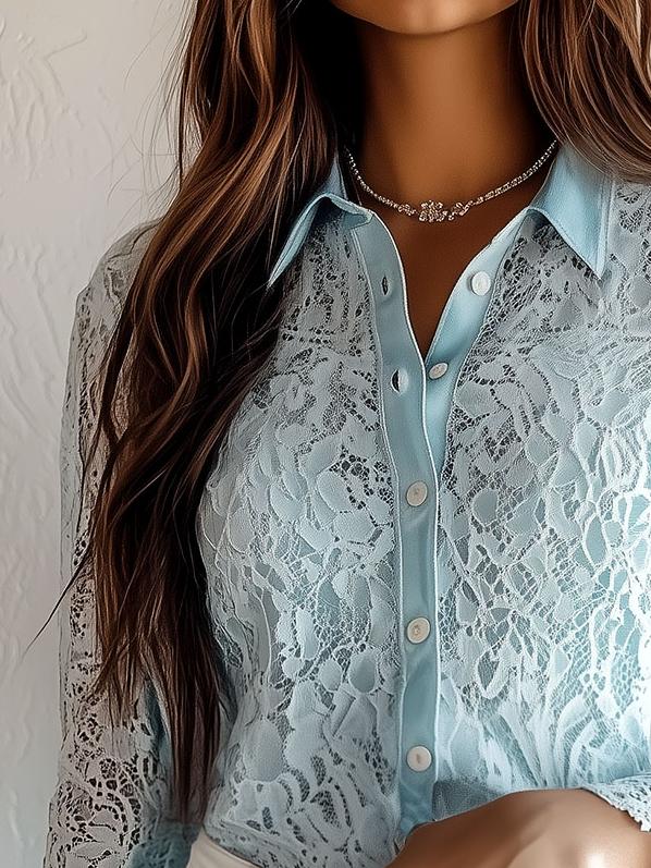 Elegant Lapel Single-breasted Long Sleeve Lace Shirt