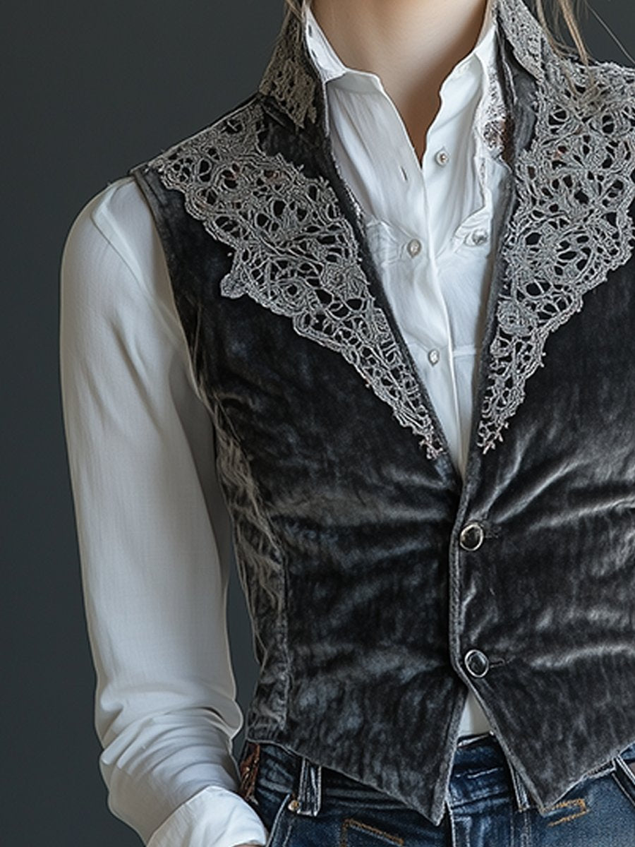 Timeless Grey Velvet Vest with Lace Accents