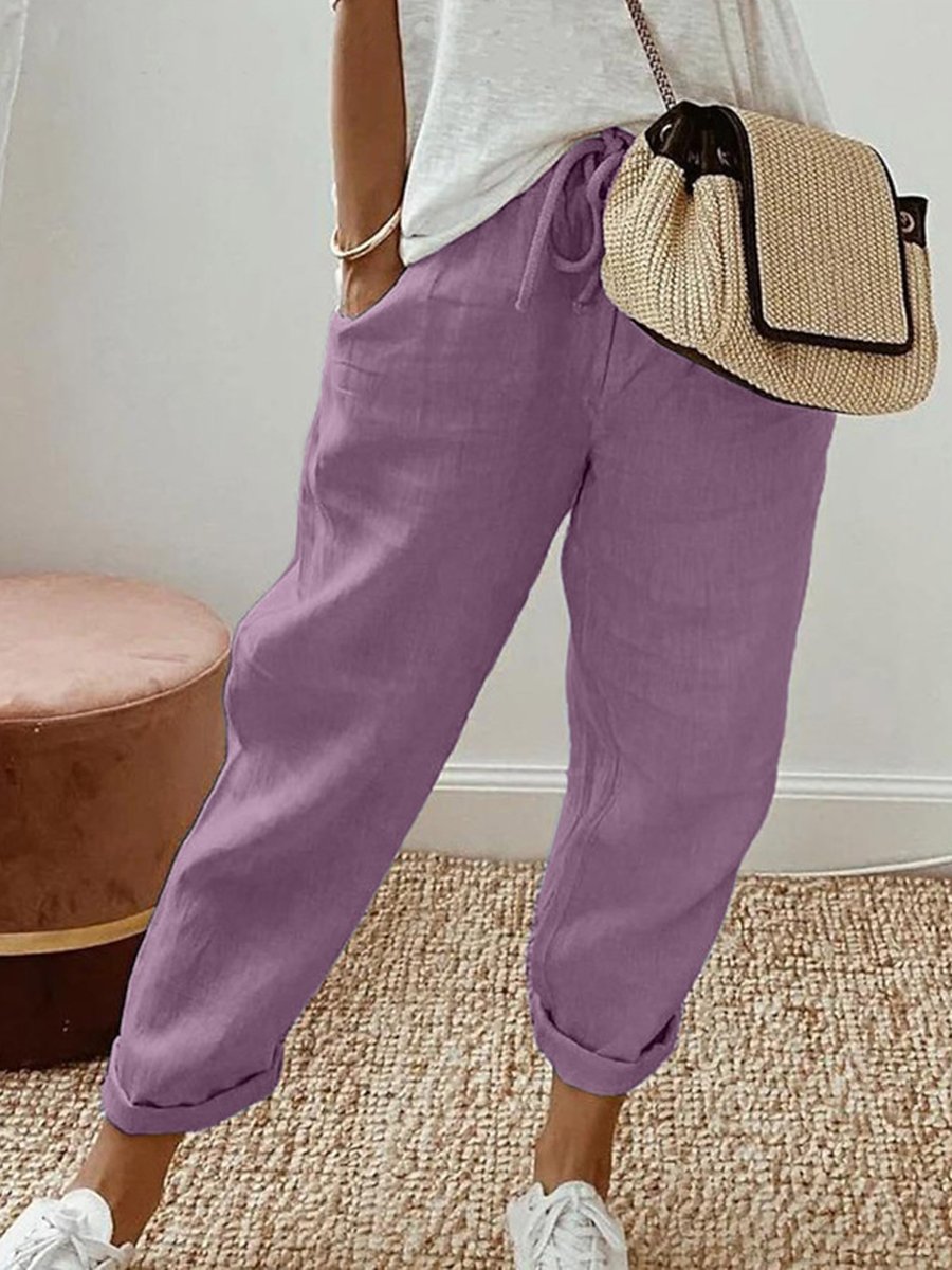 Cotton Linen Pocket Elastic Waist Casual Pants