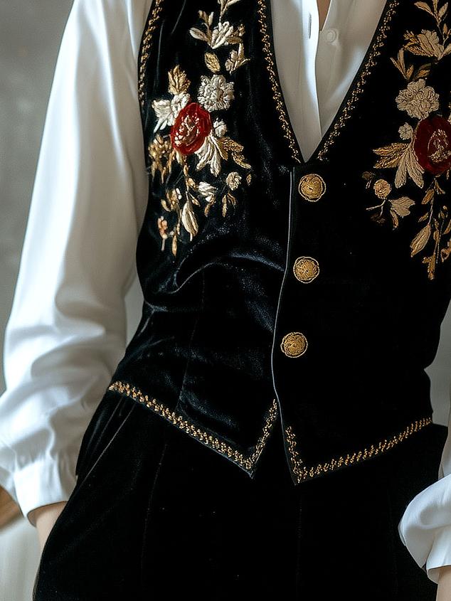 Retro V-neck Embroidery Button Down Velvet Vest