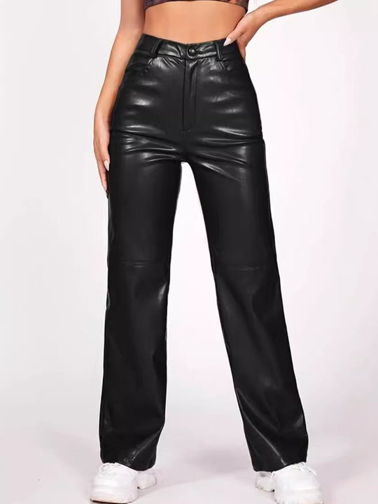 Stylish High Waist PU Leater Straight-leg Pants