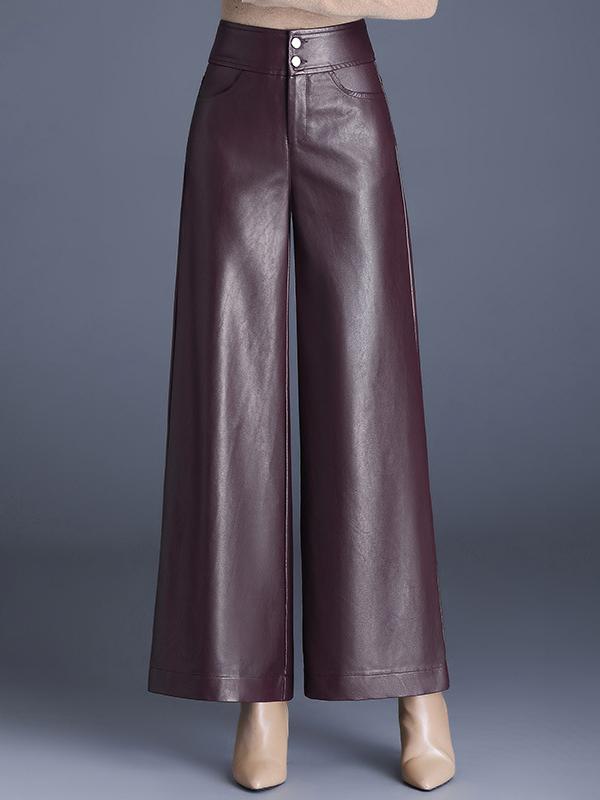 Chic Solid Color High Waist Wide-leg Leather Pants