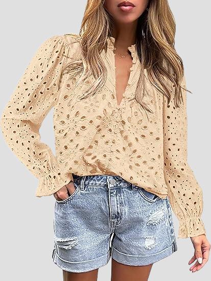 Elegant Half-open Hollow-out Lace Puff Sleeves Blouse