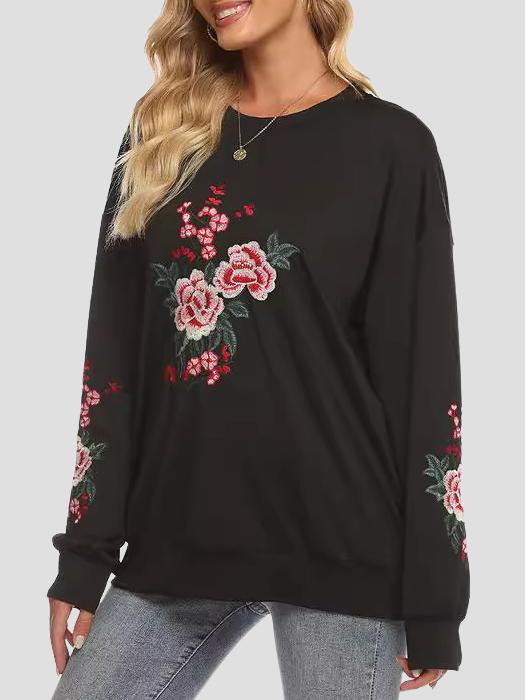 Elegant Floral Embroidered Ribbed Loose-Fitting Top