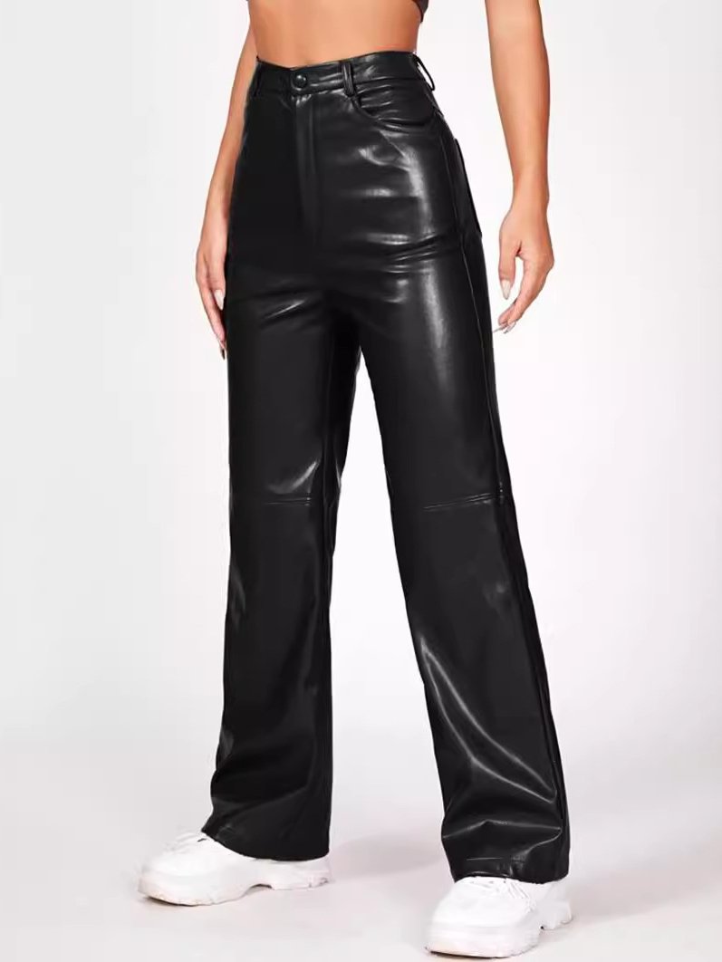 Stylish High Waist PU Leater Straight-leg Pants