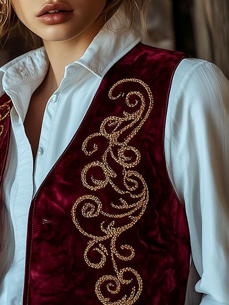 Retro Simple Golden Symmetrical Embroidery Suede Waistcoat