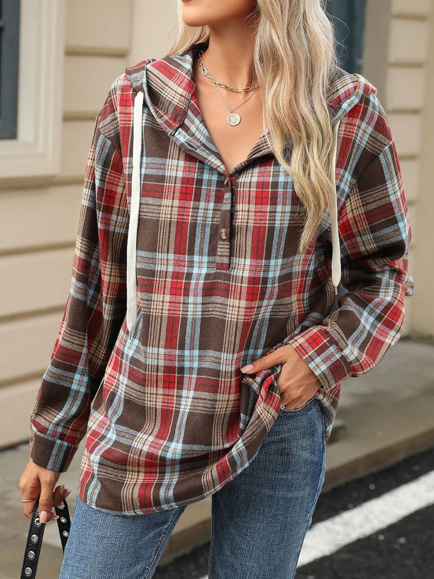 Retro Loose Fit Long Sleeve Button Plaid Hoodie