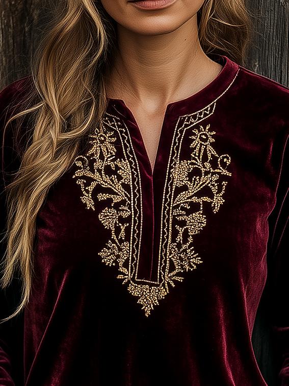 Chic Golden Embroidery Long Sleeves Velvet T-shirt