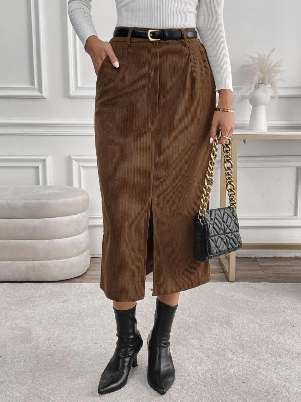 Elegant High Waist Corduroy Mid-length Skirt