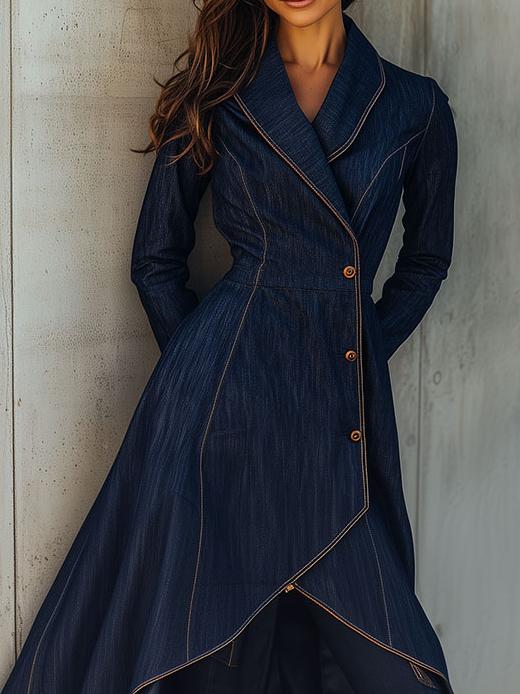 Elegant Shawl Collar Asymmetrical Hem Denim Dress