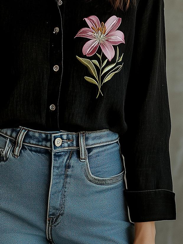 Boho Lily Embroidery Cotton and Linen Shirt