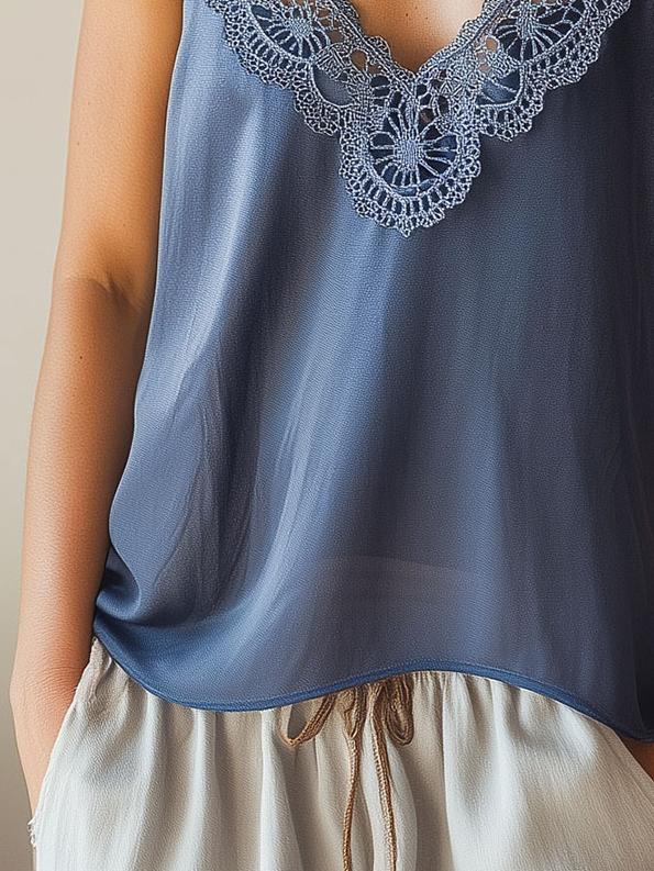 Boho Lace Trim Solid Color Sleeveless Chiffon Top