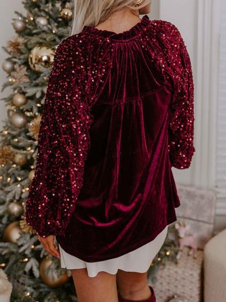 Stylish V-neck Sequine Sleeves Patchwork Velvet Top