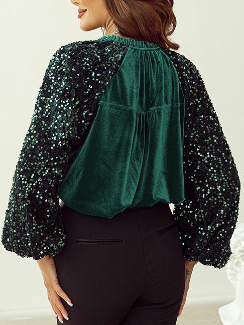 Stylish V-neck Sequine Sleeves Patchwork Velvet Top