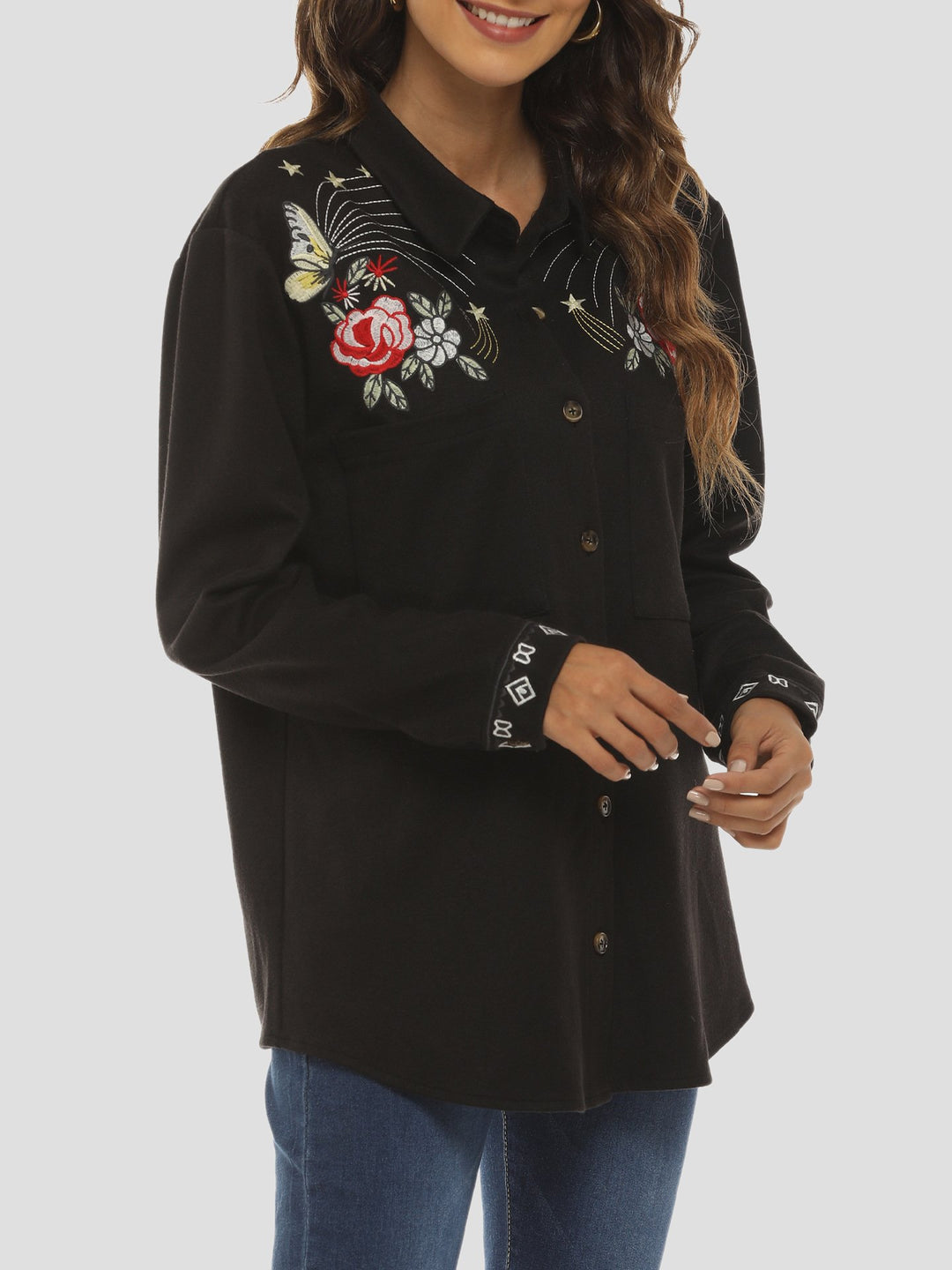 Stylish Exquisite Embroidered Floral Button Down Shirt Jacket