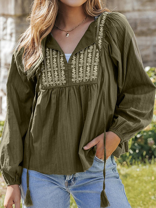 Women's V-Neck Long Sleeved Embroidered Chiffon Shirt