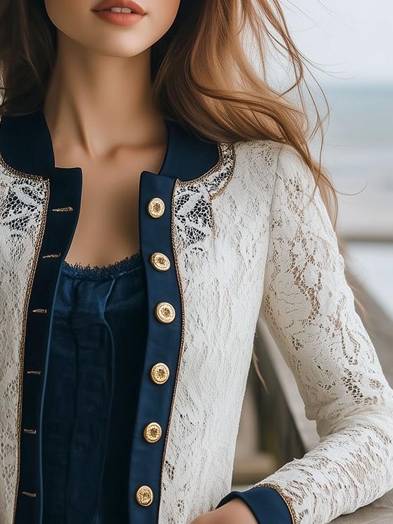 Chic Constract Trim Hollow-out Lace Button Down Jacket