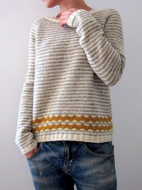 Round Neck Colorblock Loose Pullover Knitted Sweater